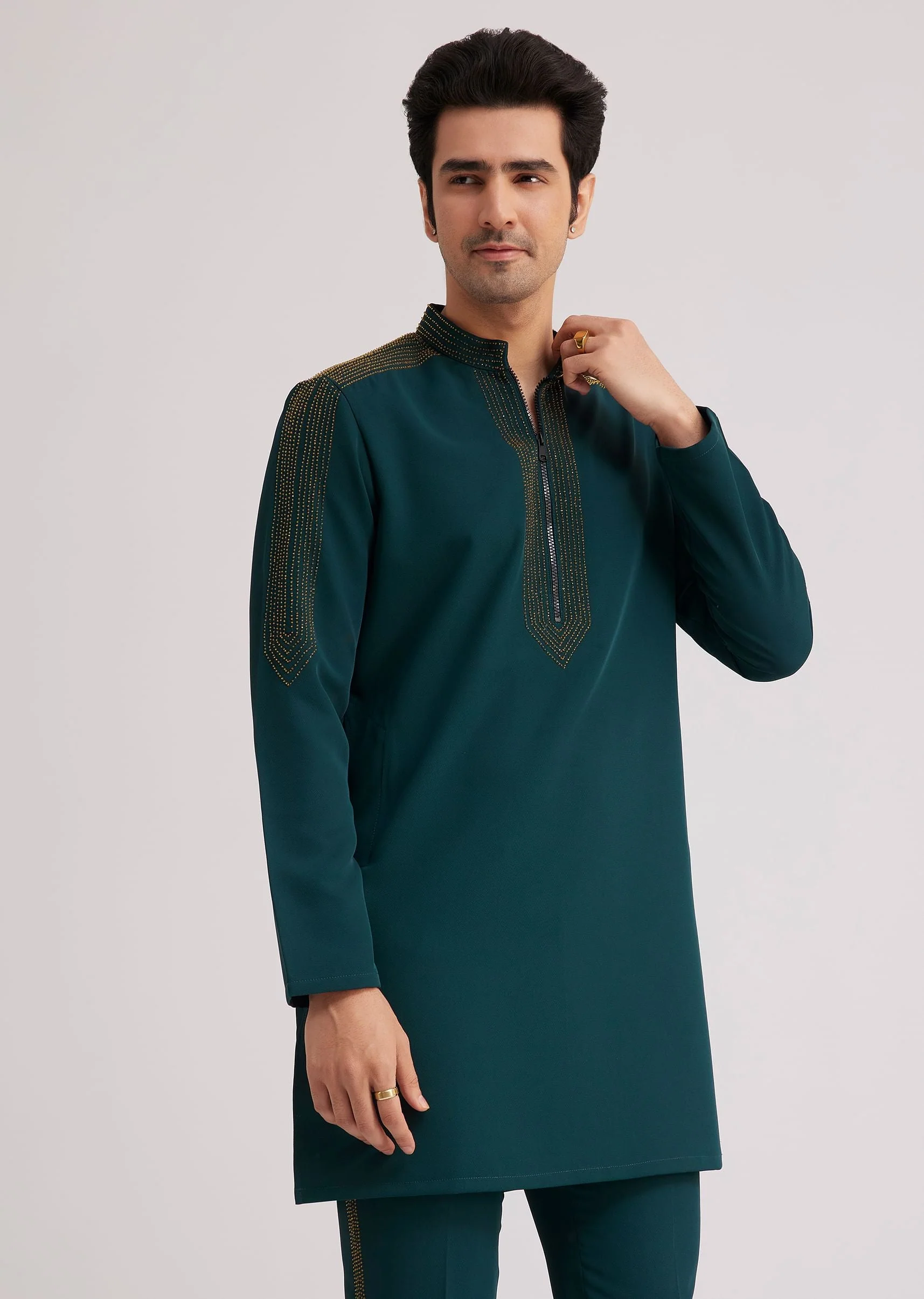 12738-peacock-blue-lycra-kurta-set-with-bead-work-2.webp Peacock Blue Lycra Kurta Set With Bead Work
