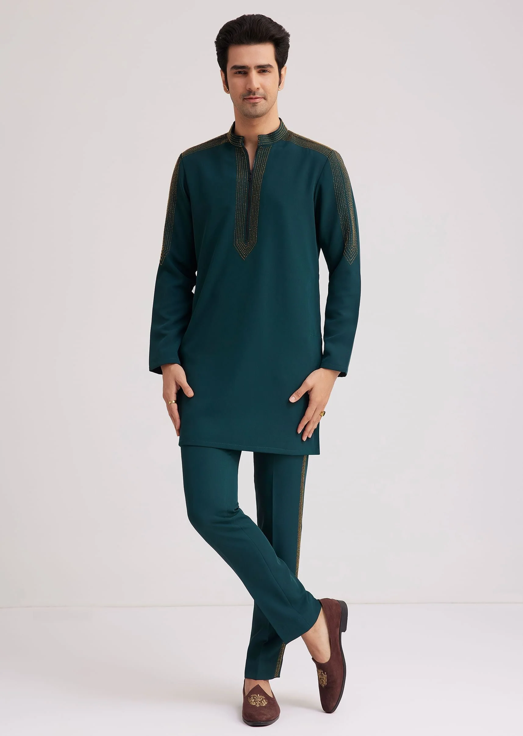 12738-peacock-blue-lycra-kurta-set-with-bead-work-3.webp Peacock Blue Lycra Kurta Set With Bead Work