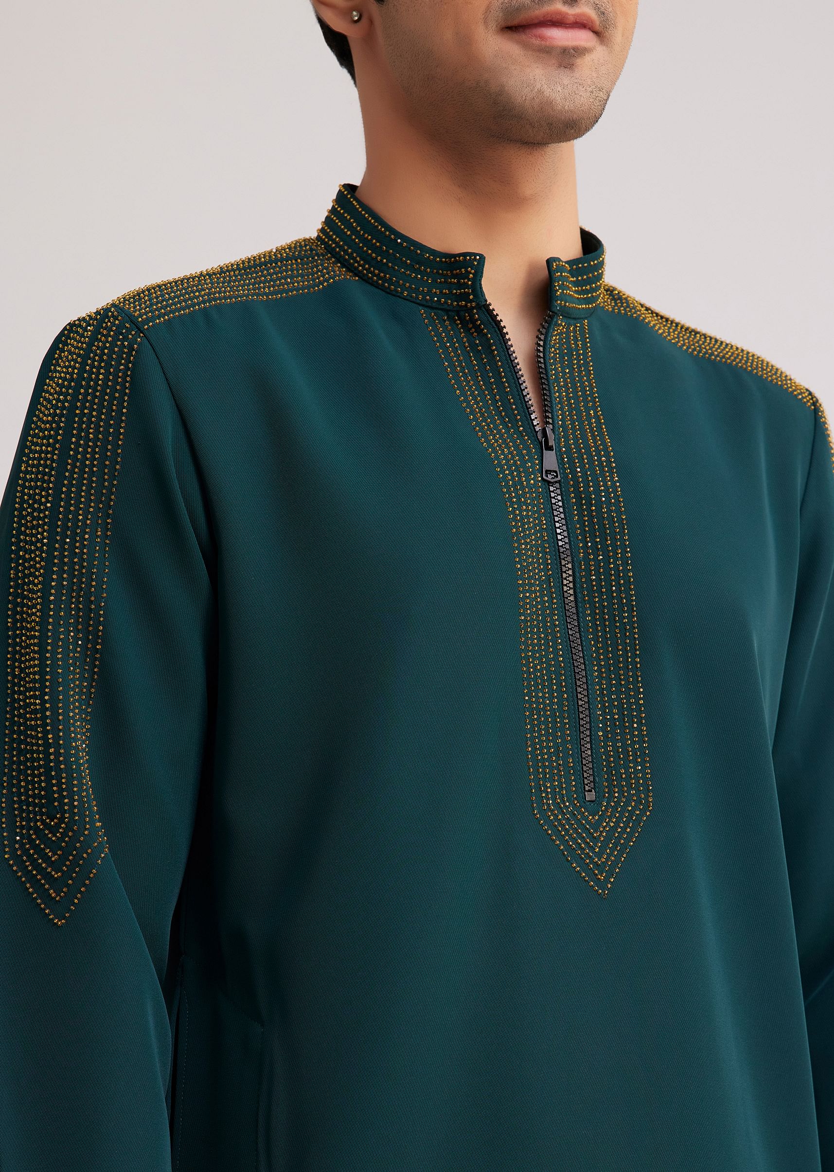 12738-peacock-blue-lycra-kurta-set-with-bead-work-4.jpg Peacock Blue Lycra Kurta Set With Bead Work