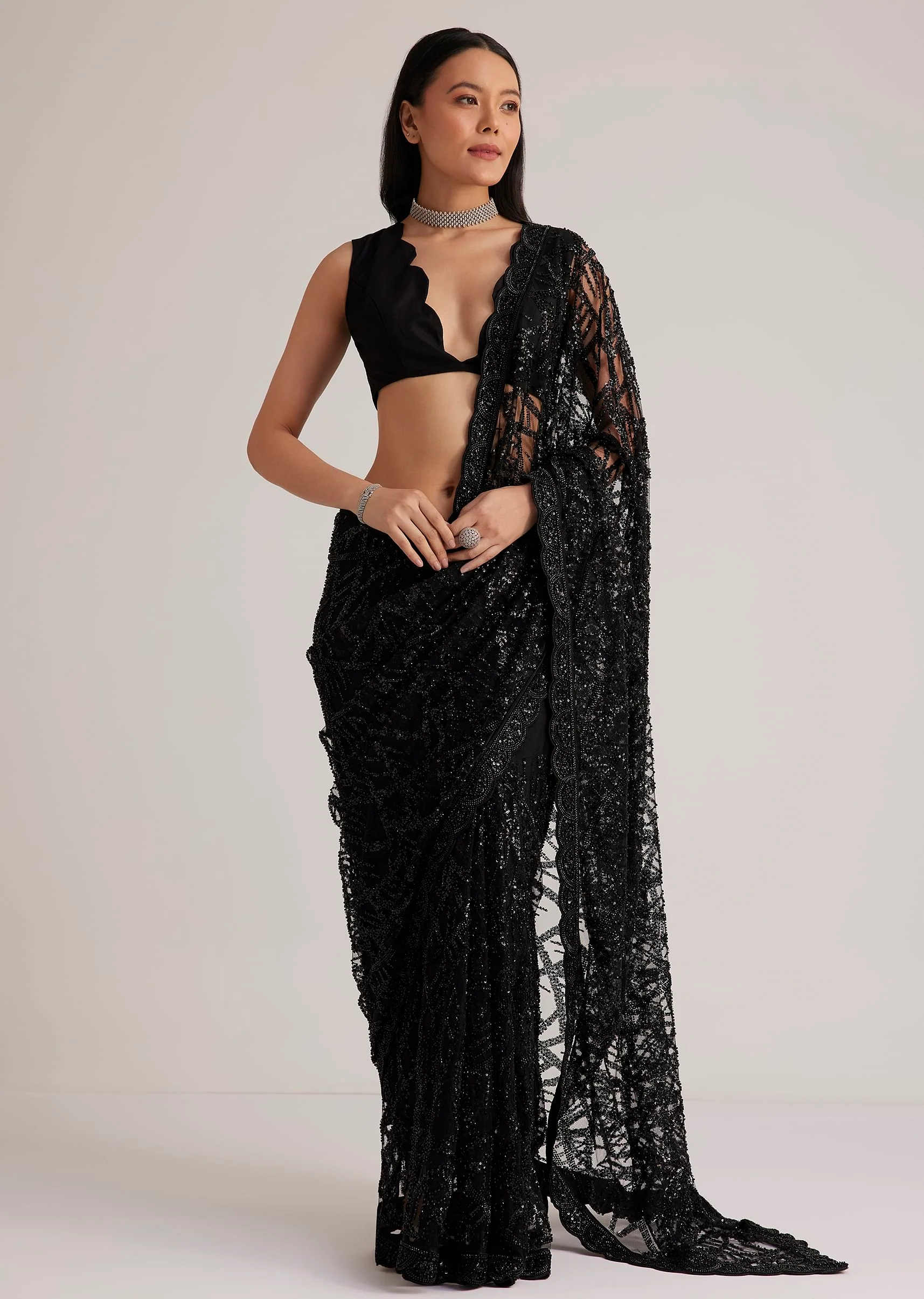 Black Net Saree With Sequins And Stones Embroidery