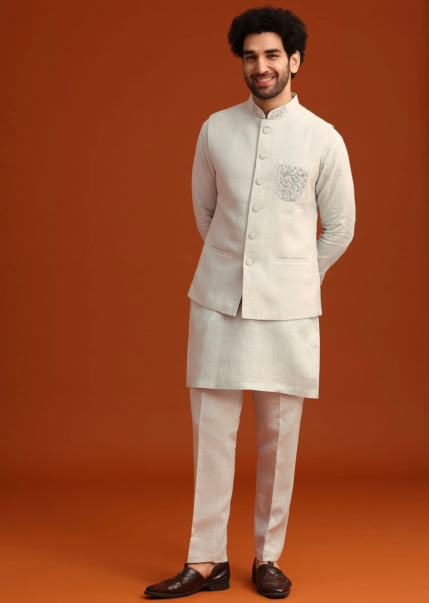 12756-sky-blue-zardosi-embroidered-jacket-kurta-set-in-linen-1.webp Sky Blue Zardosi Embroidered Jacket Kurta Set In Linen