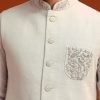 Sky Blue Zardosi Embroidered Jacket Kurta Set In Linen