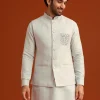 Sky Blue Zardosi Embroidered Jacket Kurta Set In Linen