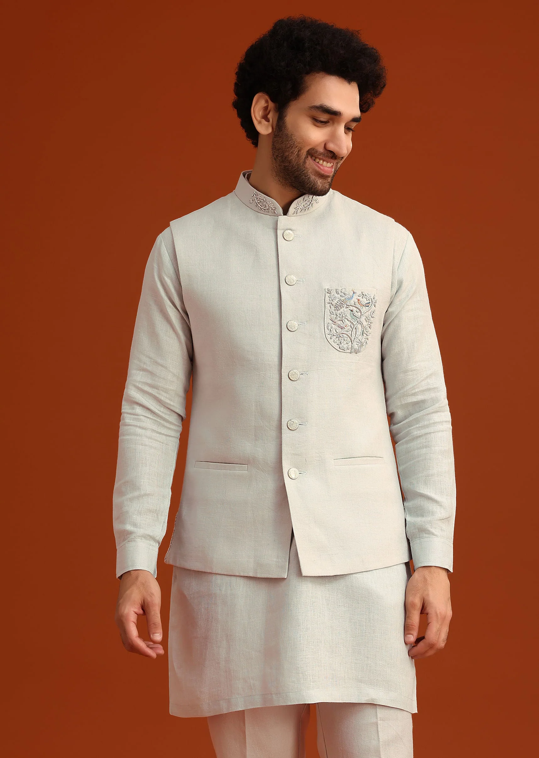 Sky Blue Zardosi Embroidered Jacket Kurta Set In Linen