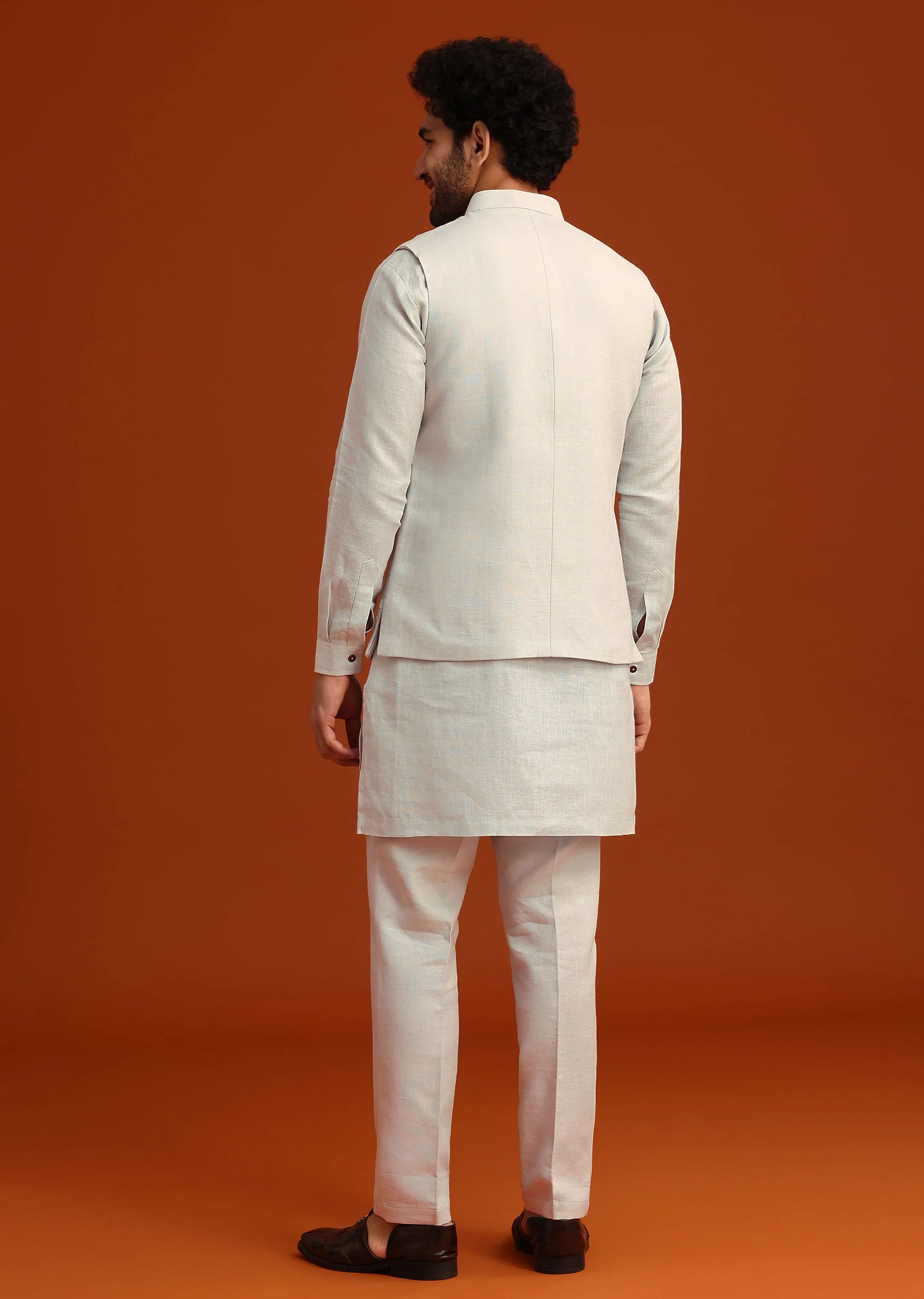 Sky Blue Zardosi Embroidered Jacket Kurta Set In Linen