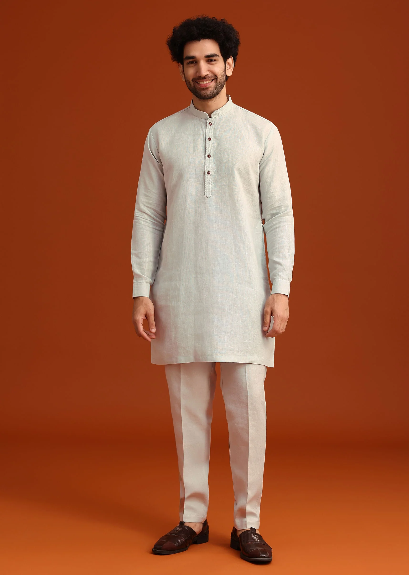 Sky Blue Zardosi Embroidered Jacket Kurta Set In Linen