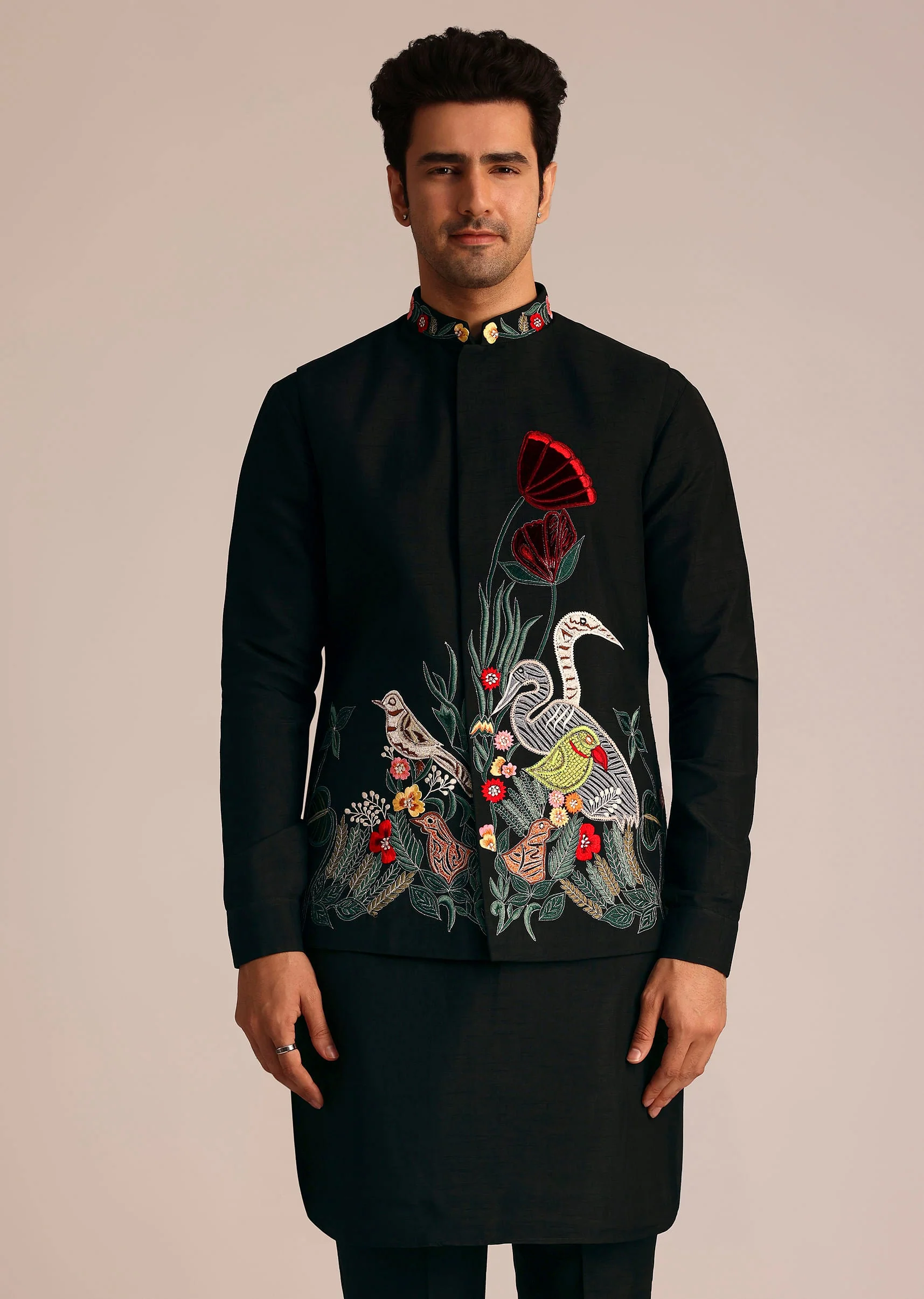 Black Silk Indo Western Set With Resham Embroidery