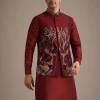 Red Jacket And Kurta Set In Silk With Resham Work