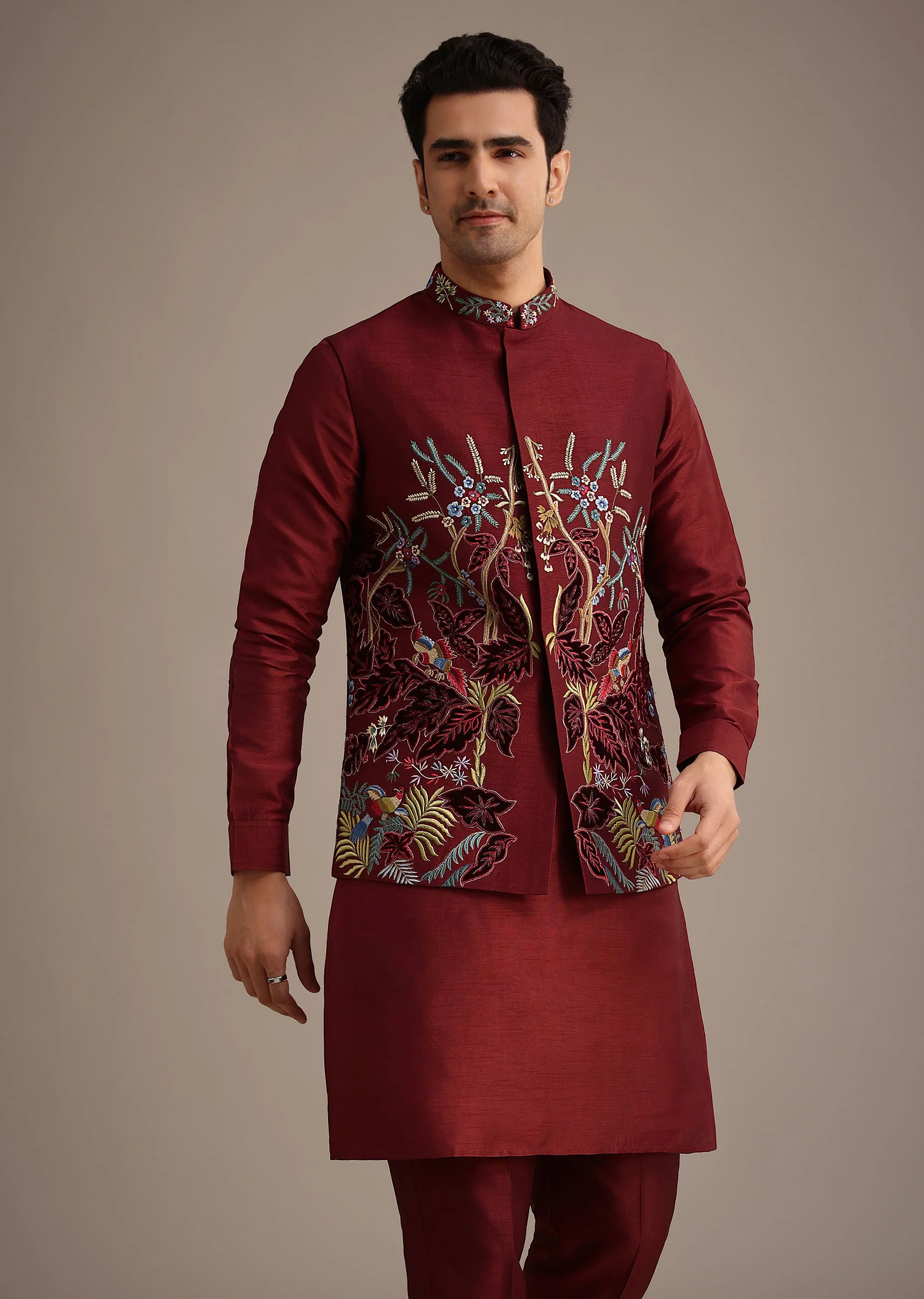 12783-red-jacket-and-kurta-set-in-silk-with-resham-work-1.webp Red Jacket And Kurta Set In Silk With Resham Work