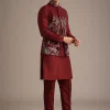 Red Jacket And Kurta Set In Silk With Resham Work