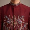 Red Jacket And Kurta Set In Silk With Resham Work
