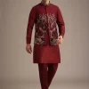 Red Jacket And Kurta Set In Silk With Resham Work