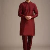 Red Jacket And Kurta Set In Silk With Resham Work