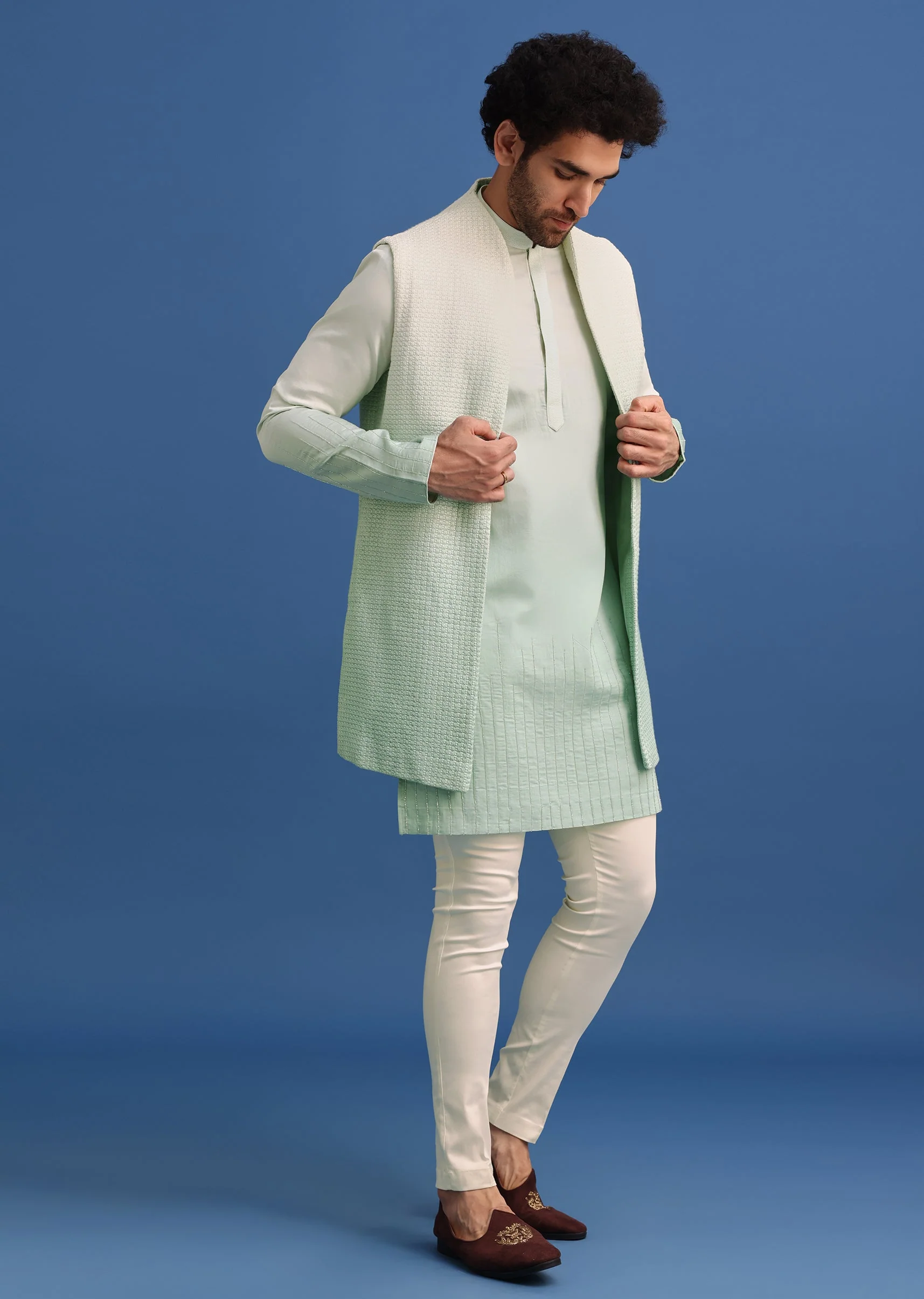 Green Silk Ombre Zardosi Kurta Jacket Set