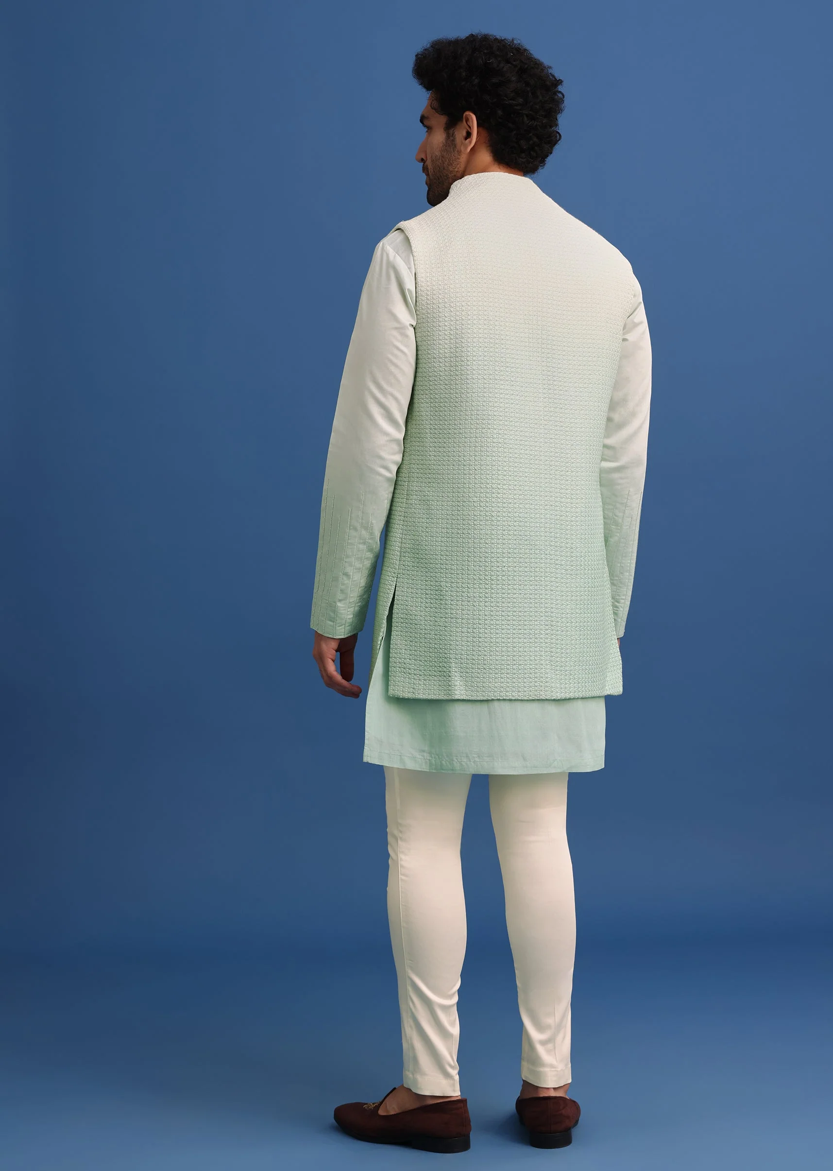 Green Silk Ombre Zardosi Kurta Jacket Set