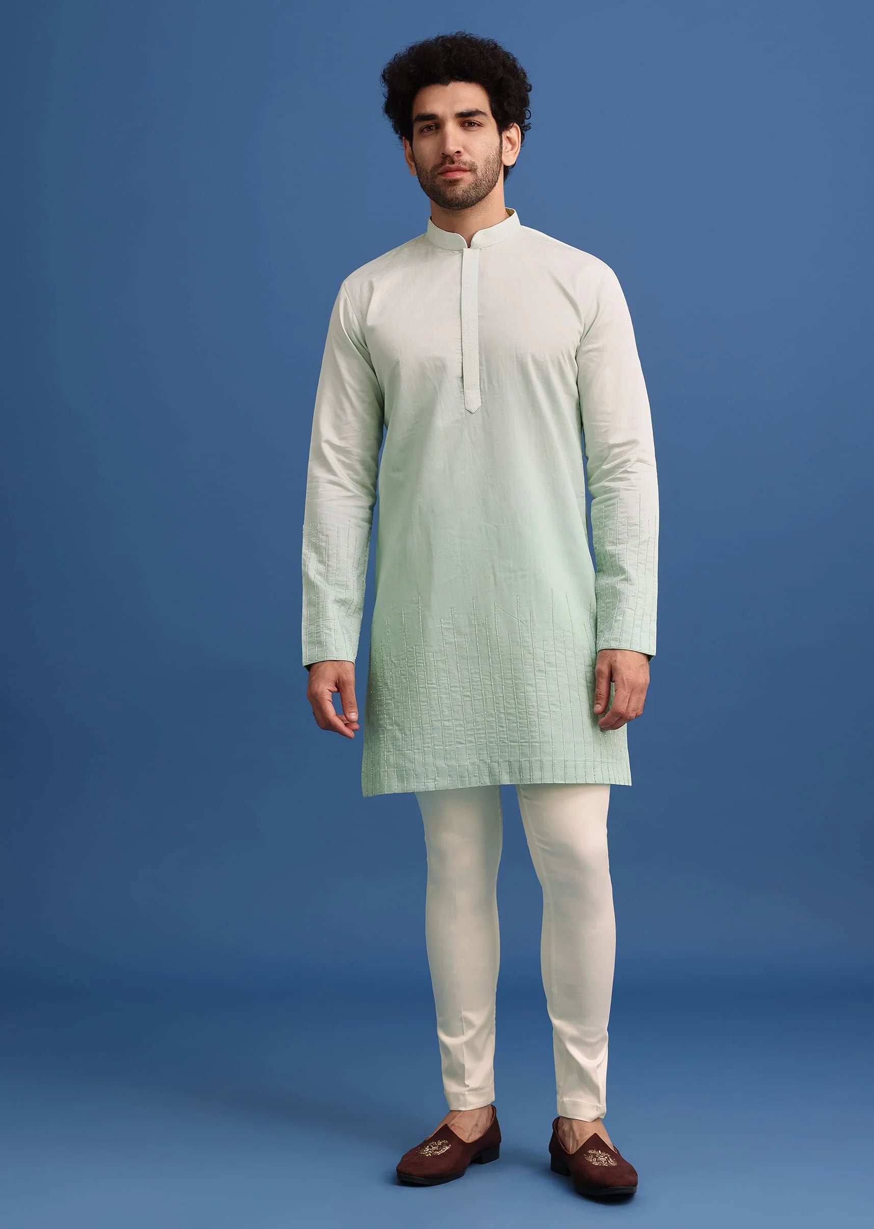 Green Silk Ombre Zardosi Kurta Jacket Set