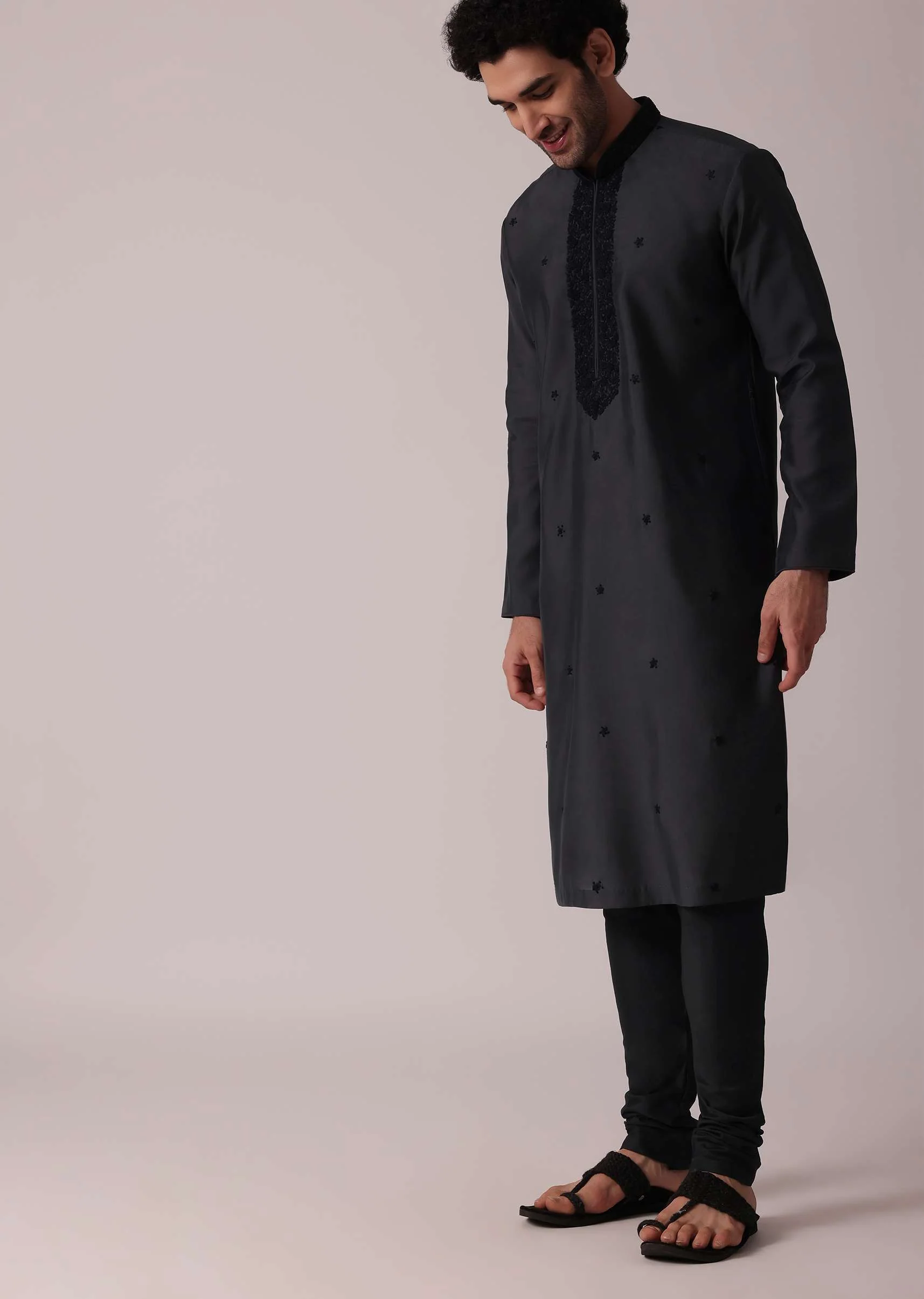 Grey Festive Silk Kurta Set With Intricate Handwork