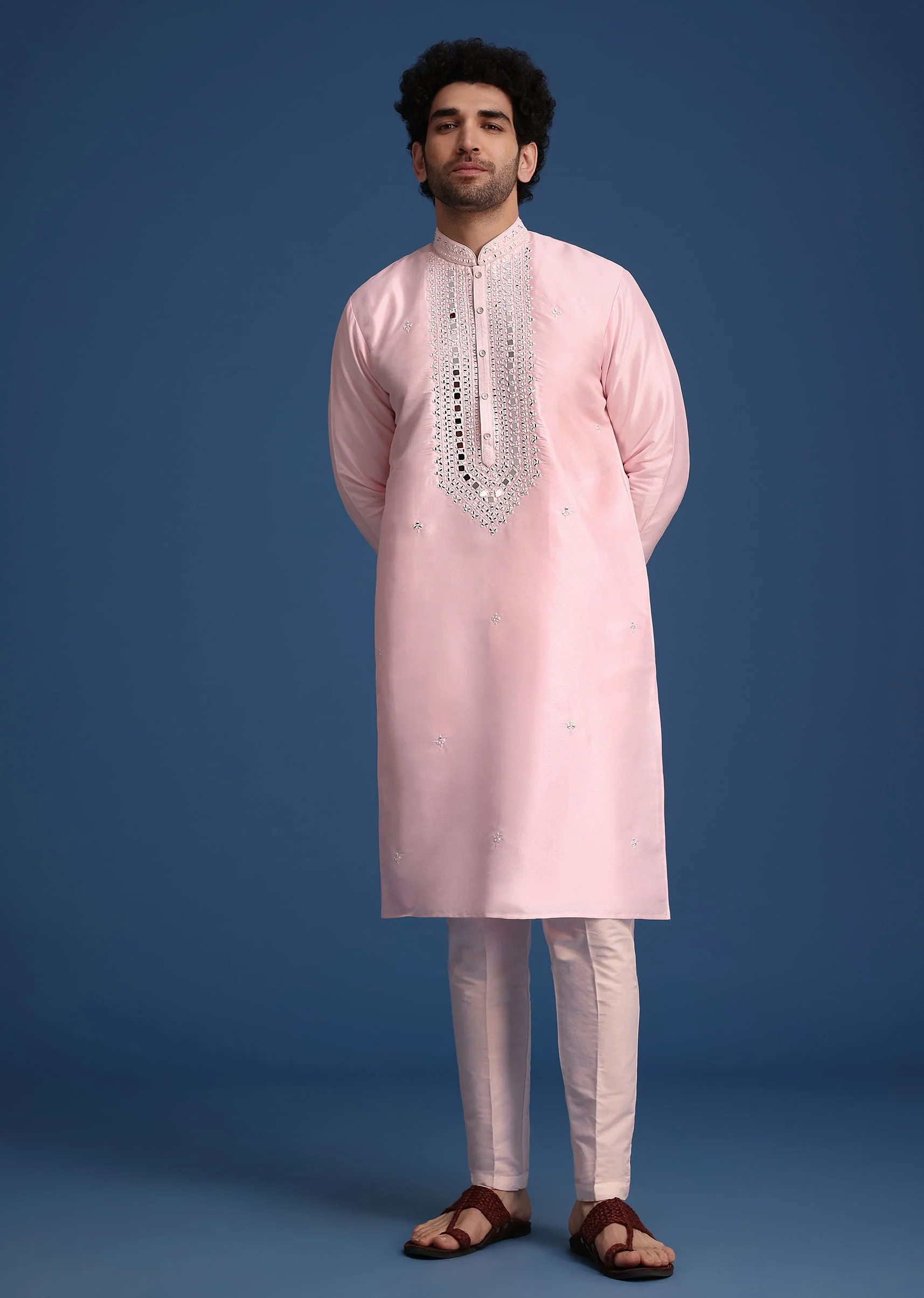 Pink Silk Kurta Set With Mirror Work