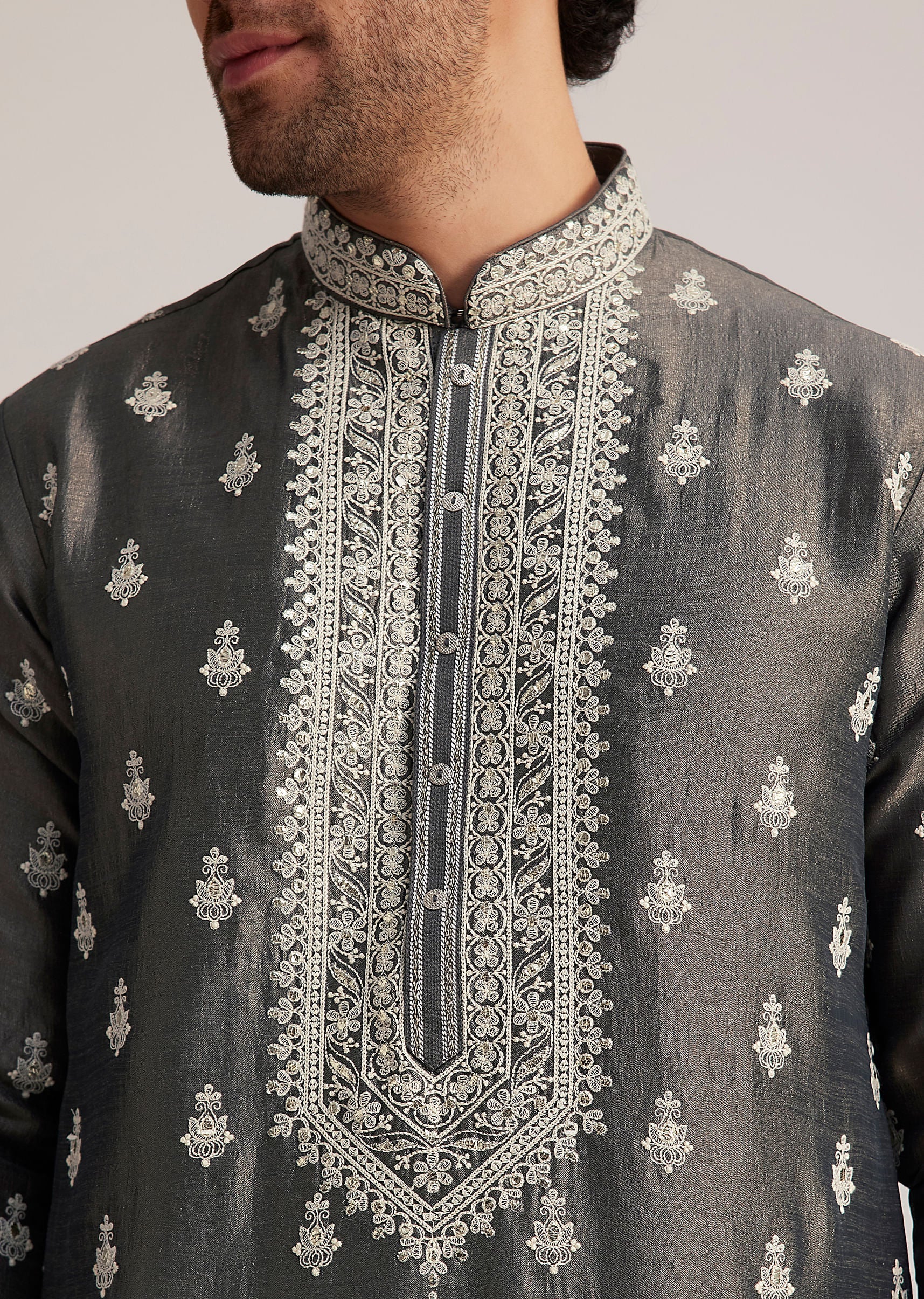 12855-grey-embroidered-silk-kurta-set-2.jpg Grey Embroidered Silk Kurta Set