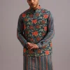Blue Silk Floral And Stripe Print Jacket Kurta Set
