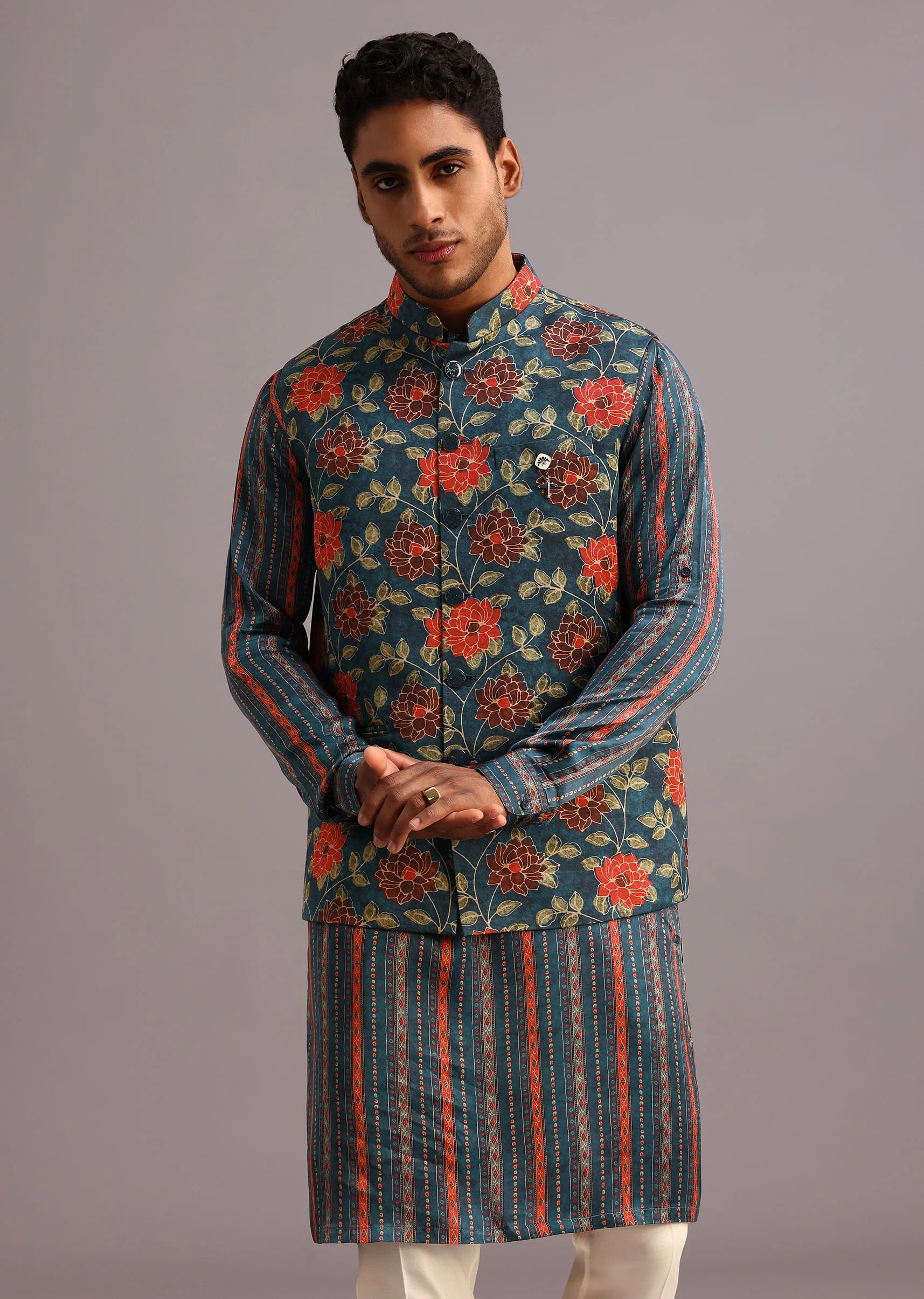 12873-blue-silk-floral-and-stripe-print-jacket-kurta-set-1.webp Blue Silk Floral And Stripe Print Jacket Kurta Set