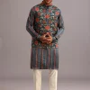 Blue Silk Floral And Stripe Print Jacket Kurta Set