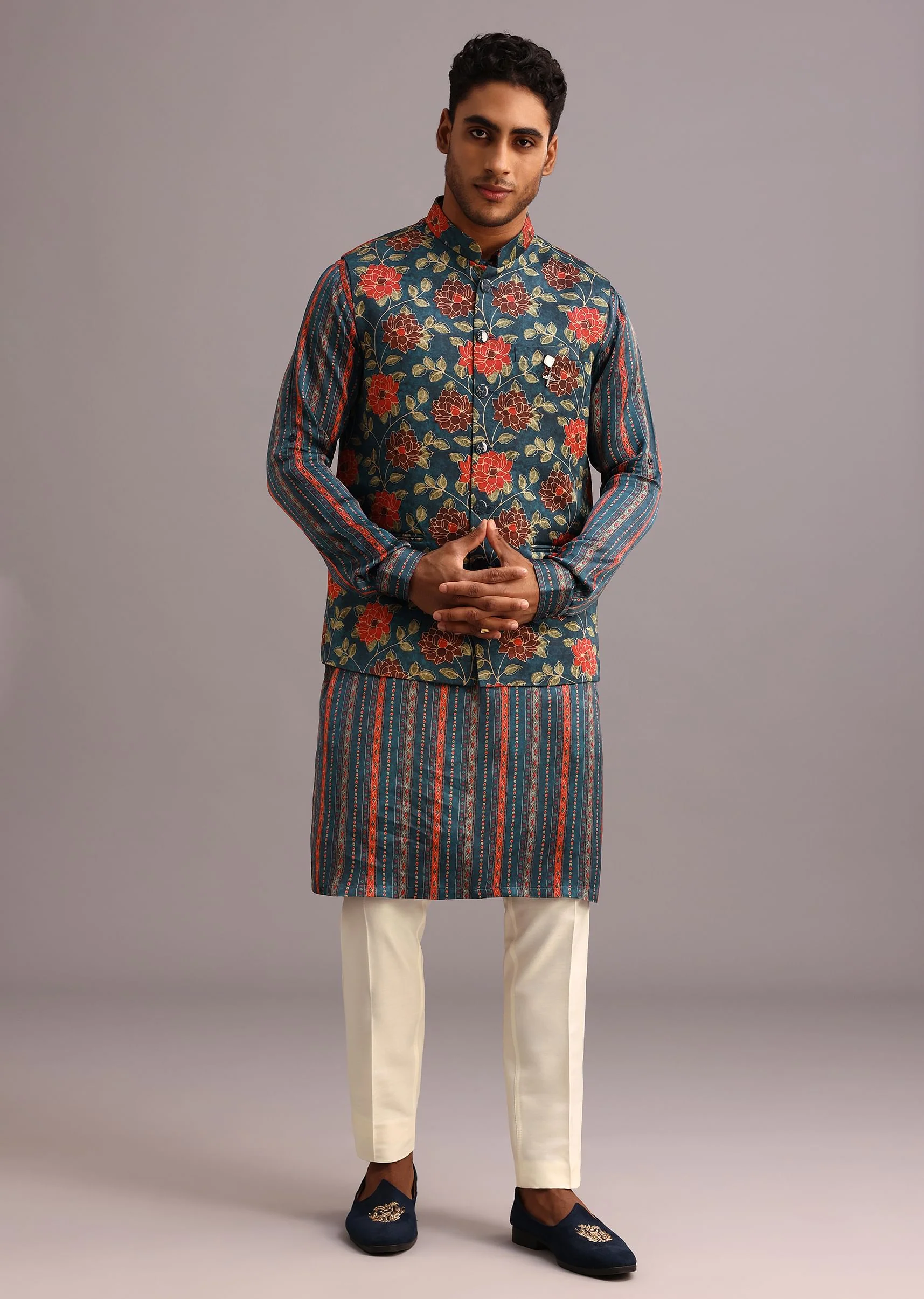 Blue Silk Floral And Stripe Print Jacket Kurta Set