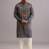 Blue Silk Floral And Stripe Print Jacket Kurta Set