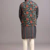 Blue Silk Floral And Stripe Print Jacket Kurta Set