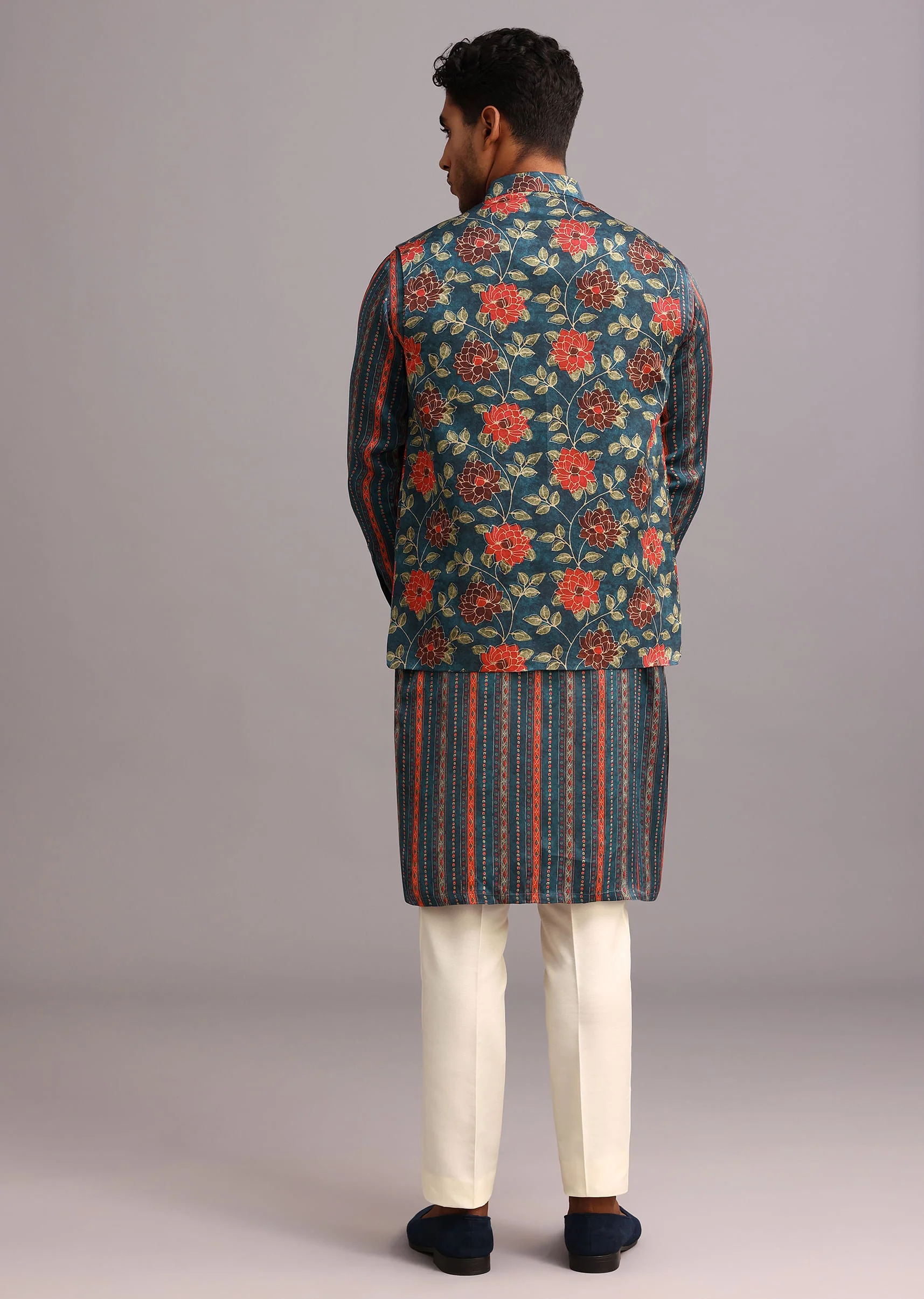Blue Silk Floral And Stripe Print Jacket Kurta Set