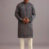 Blue Silk Floral And Stripe Print Jacket Kurta Set