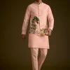 Baby Pink Silk Jacket Set With Nature Themed Patch Work