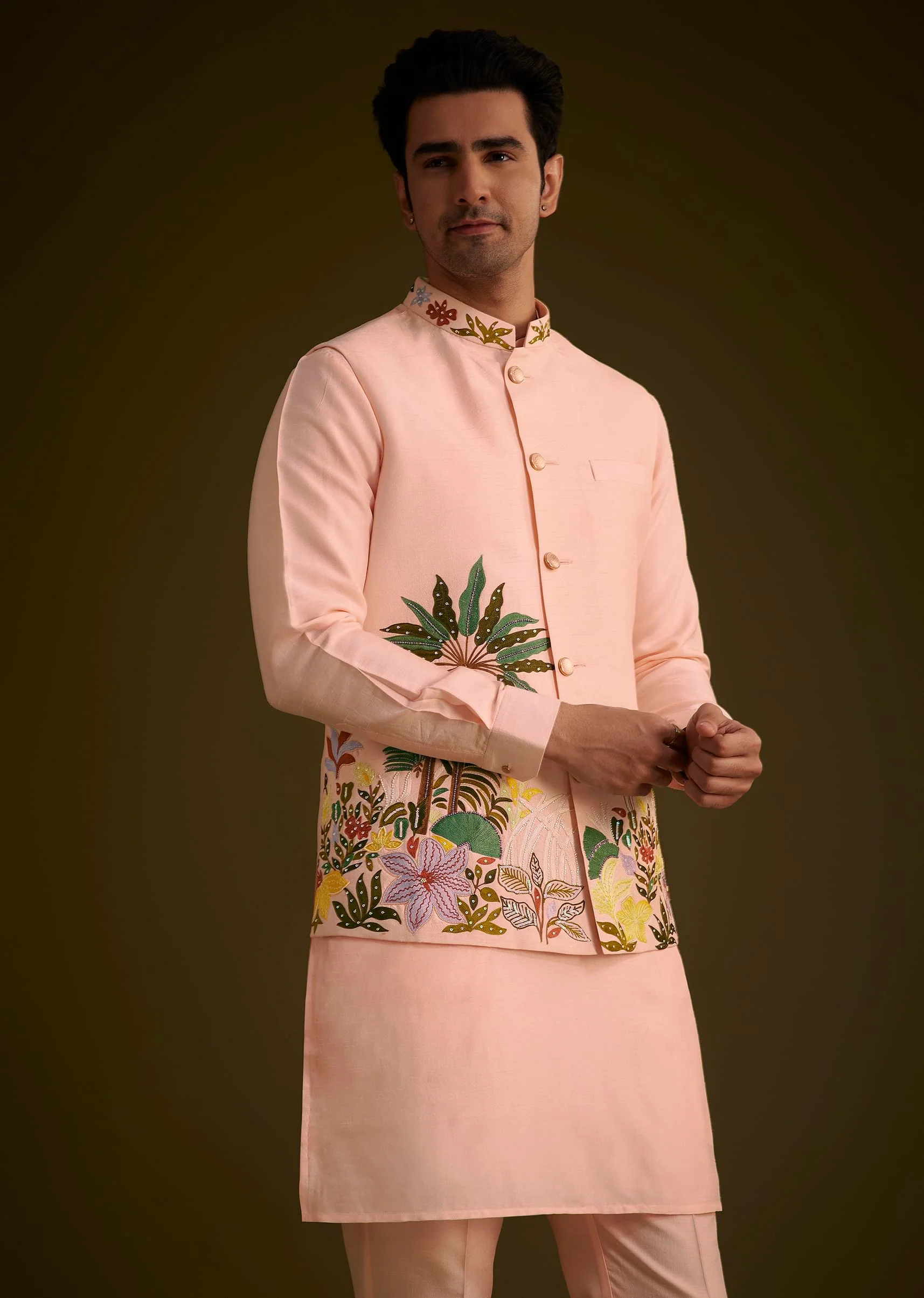 Baby Pink Silk Jacket Set With Nature Themed Patch Work
