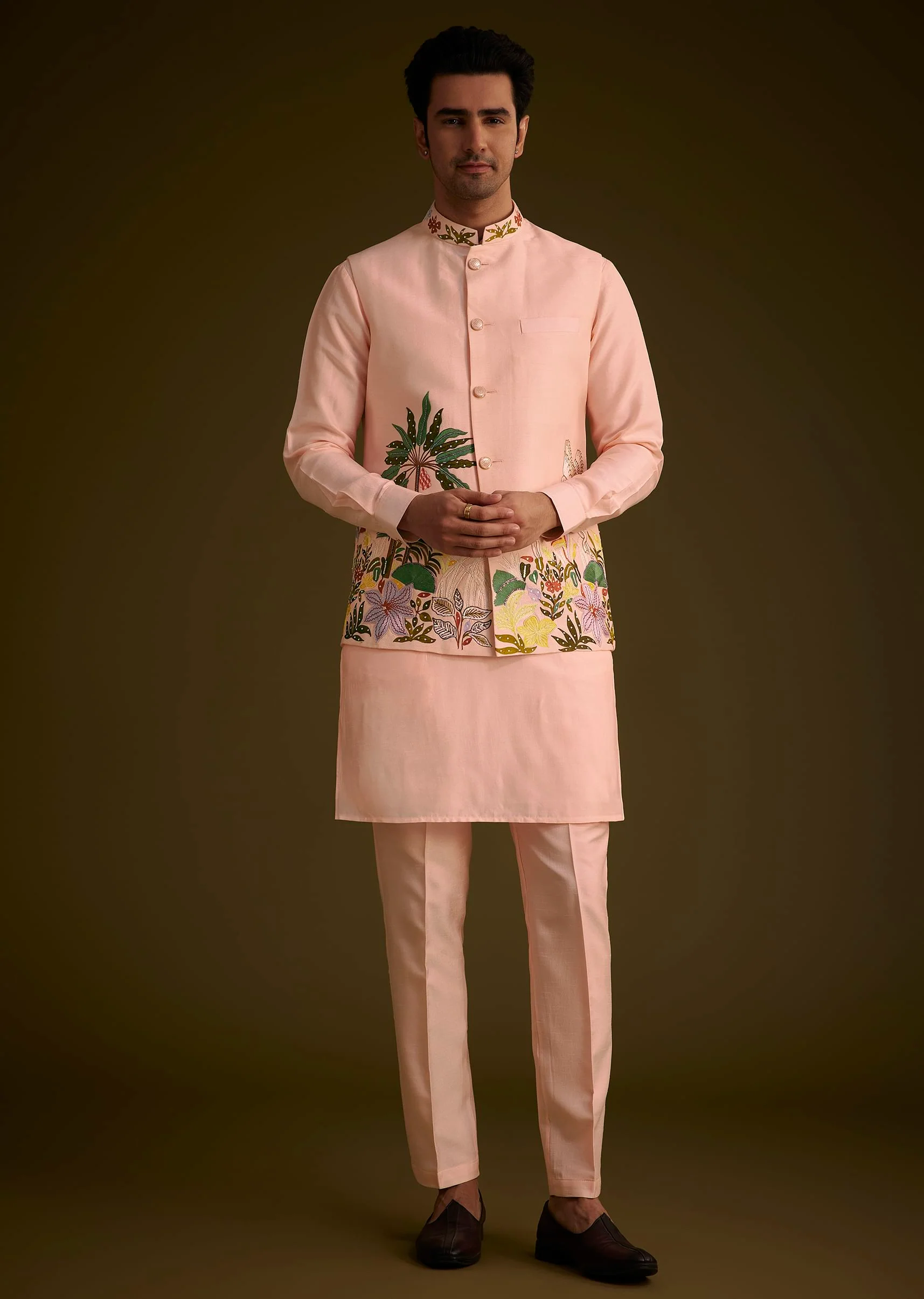 Baby Pink Silk Jacket Set With Nature Themed Patch Work