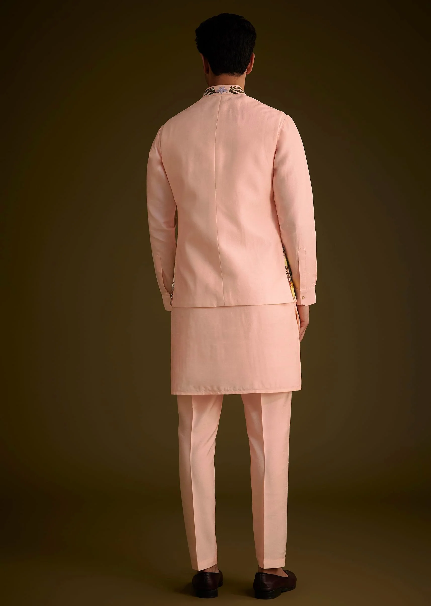 Baby Pink Silk Jacket Set With Nature Themed Patch Work