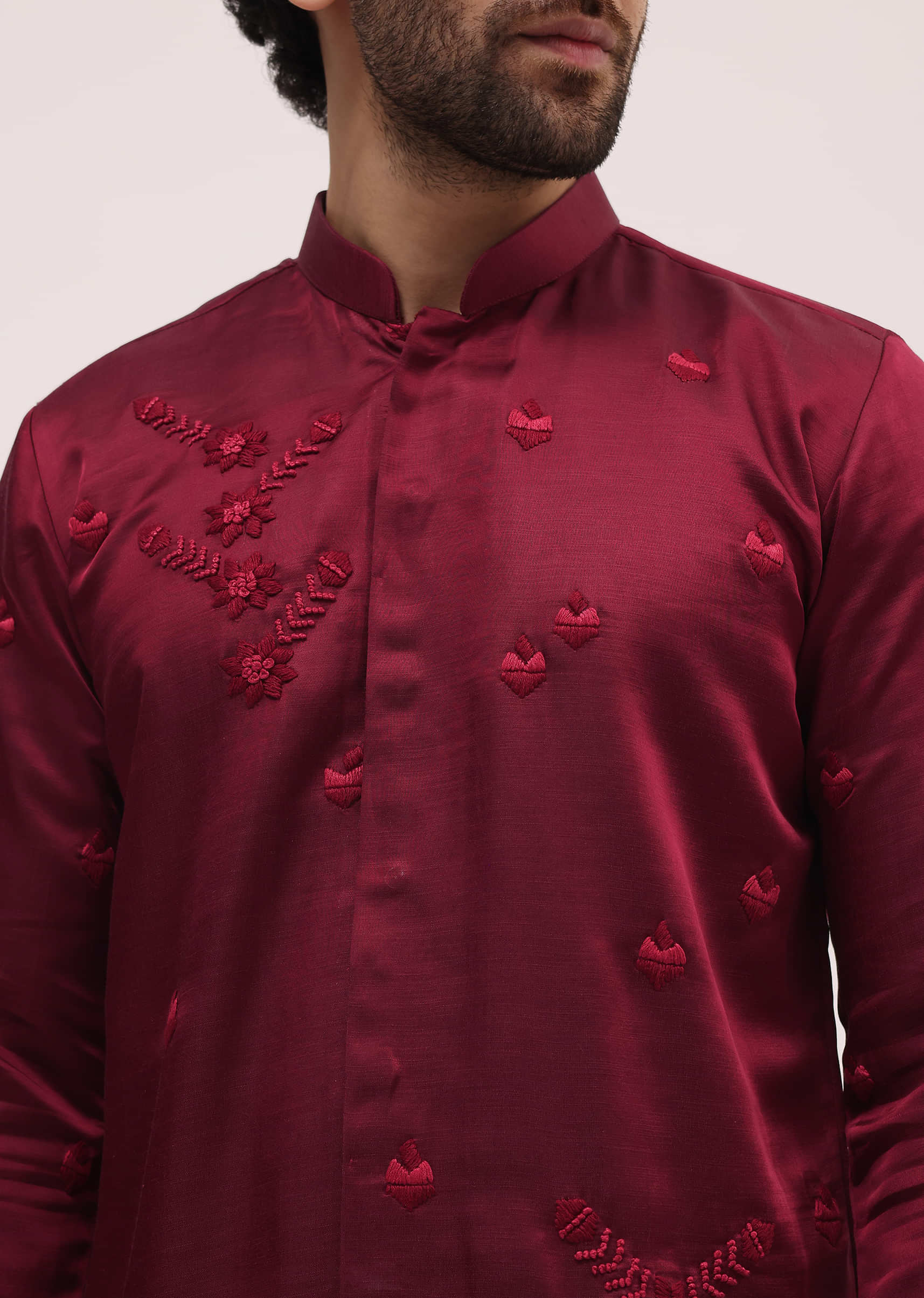 12891-maroon-bud-embroidered-silk-kurta-set-for-men-1.jpg Maroon Bud Embroidered Silk Kurta Set For Men