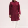Maroon Bud Embroidered Silk Kurta Set For Men