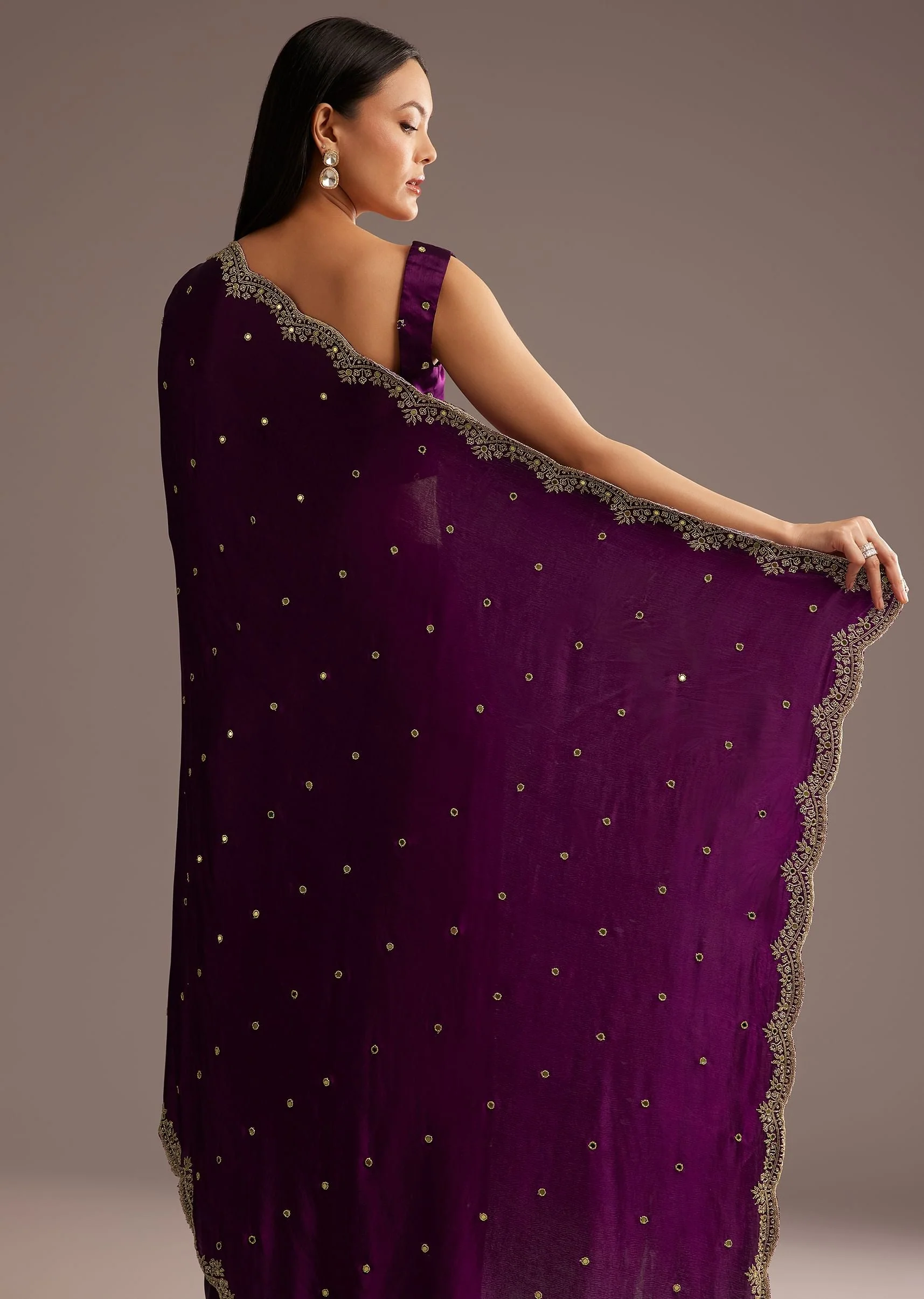 Chinon Satin Saree With Cutdana And Mirror Embellishment