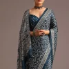 12925-blue-chevron-and-ajrakh-printed-satin-saree-2.webp Blue Chevron And Ajrakh Printed Satin Saree