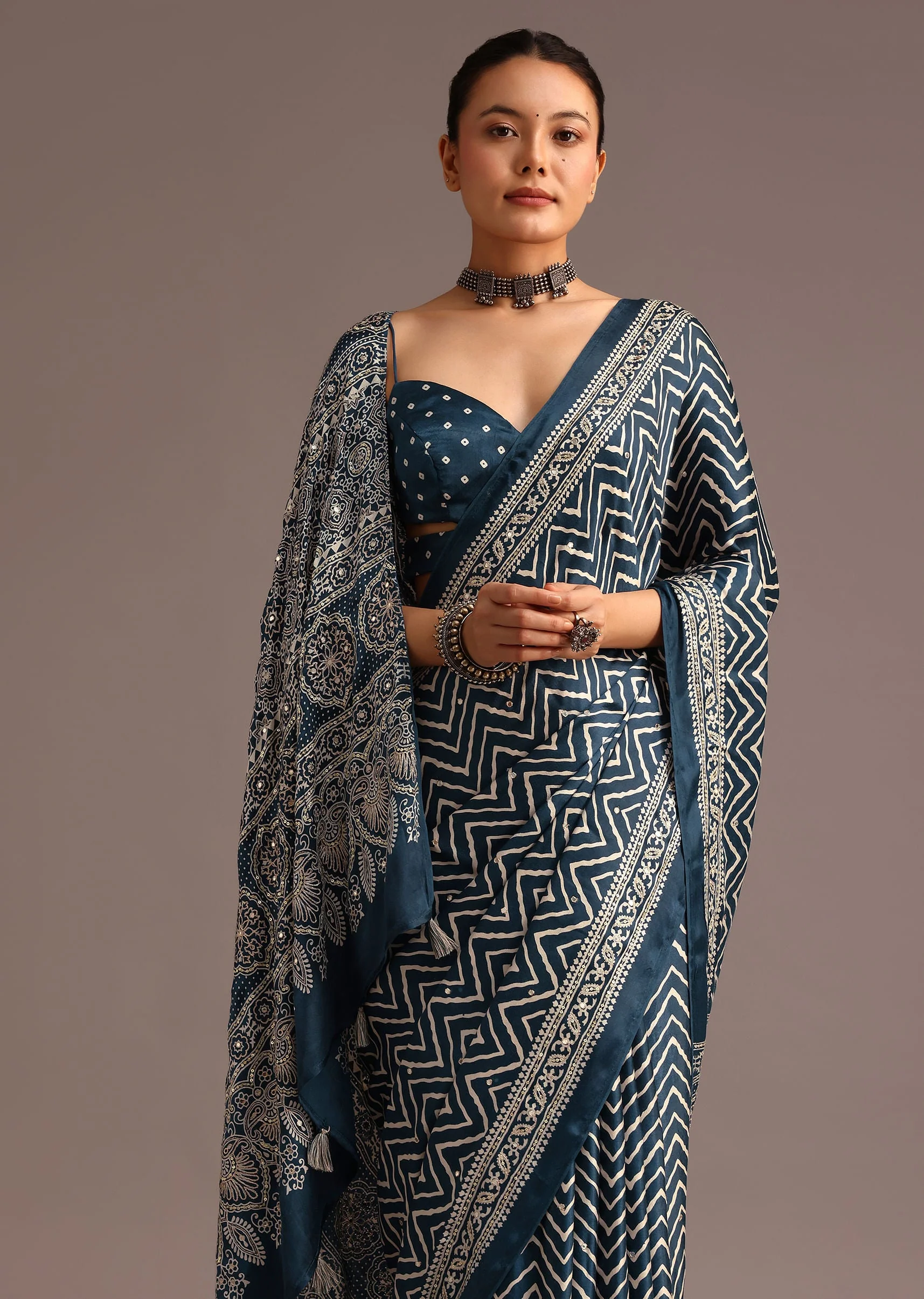 12925-blue-chevron-and-ajrakh-printed-satin-saree-2.webp Blue Chevron And Ajrakh Printed Satin Saree