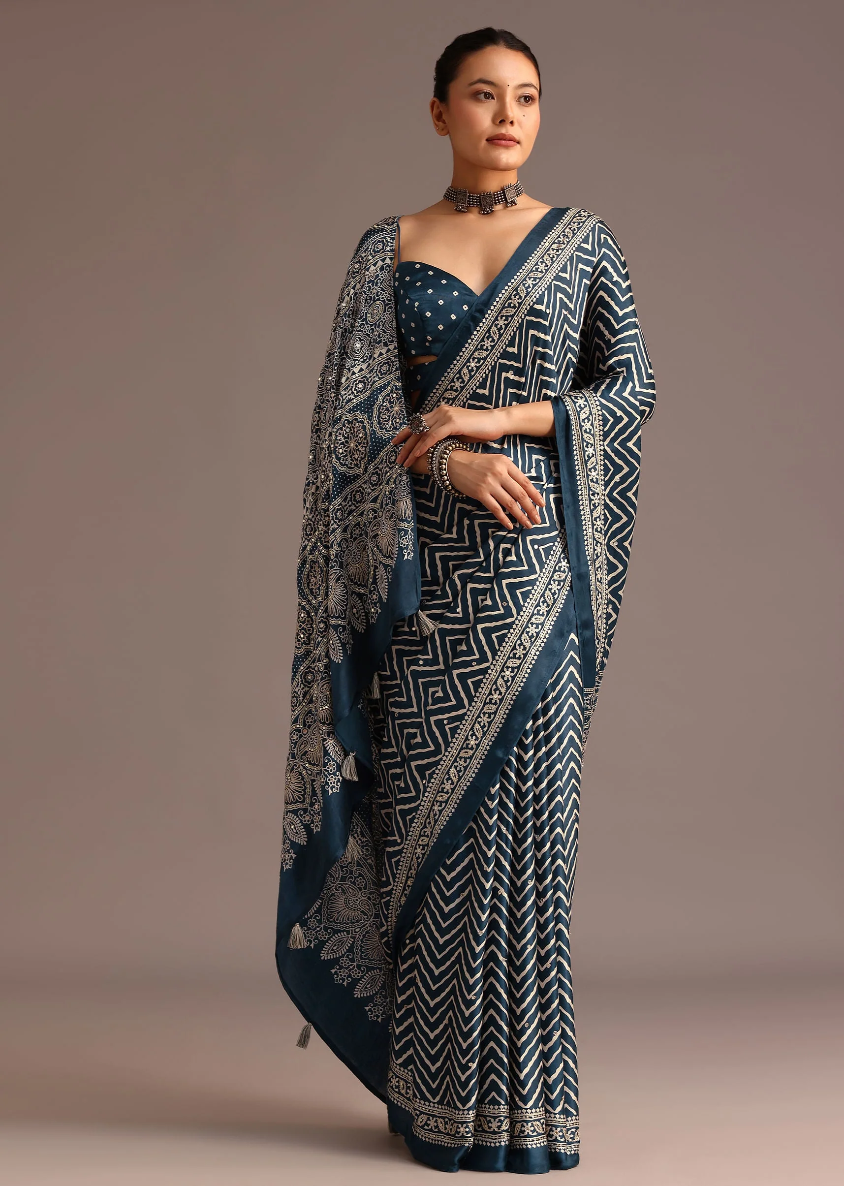 12925-blue-chevron-and-ajrakh-printed-satin-saree-3.webp Blue Chevron And Ajrakh Printed Satin Saree