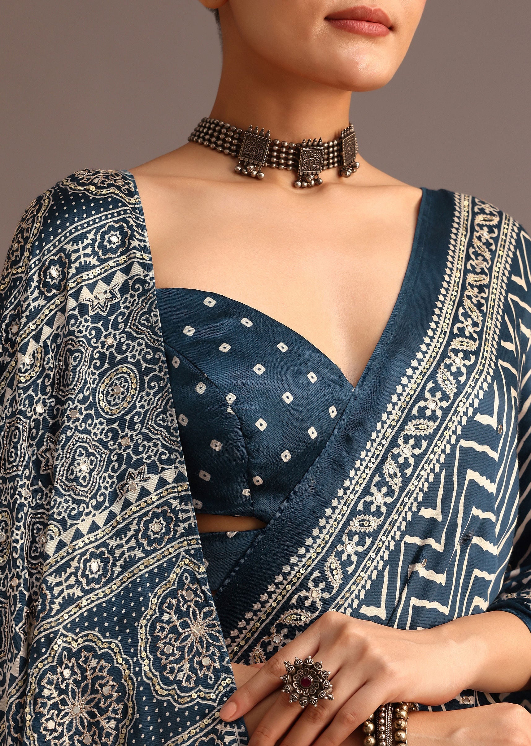 12925-blue-chevron-and-ajrakh-printed-satin-saree-5.jpg Blue Chevron And Ajrakh Printed Satin Saree