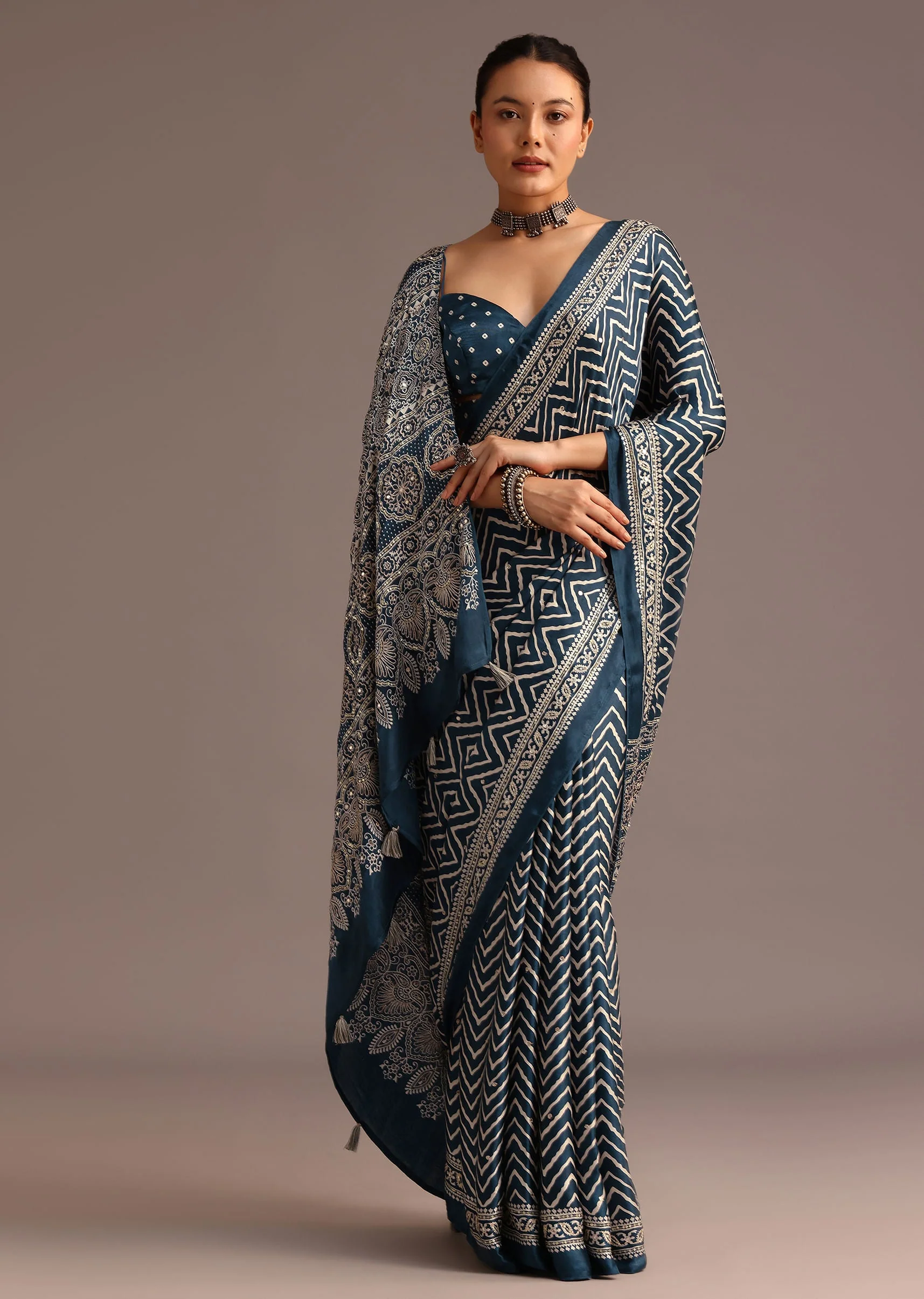 12926-unstitched-fabric-only-unstitched-fabric-only-variation-1.webp Blue Chevron And Ajrakh Printed Satin Saree