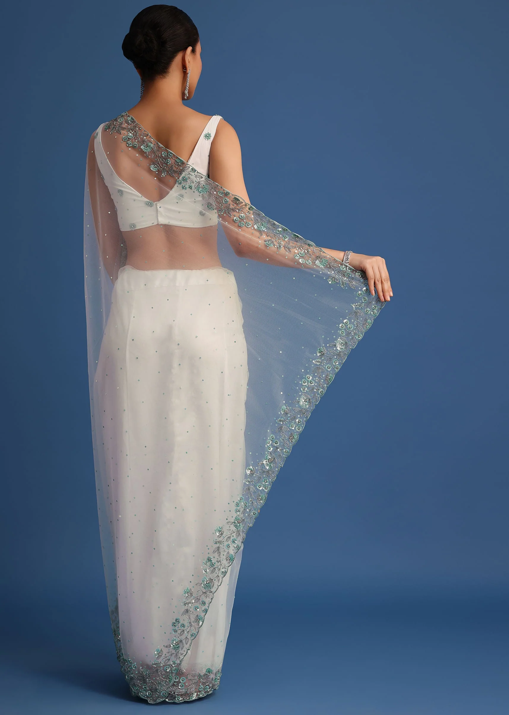 White Net Cutdana And Sequin Embroidered Saree