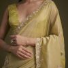 Yellow Tissue Saree With Floral Embroidery