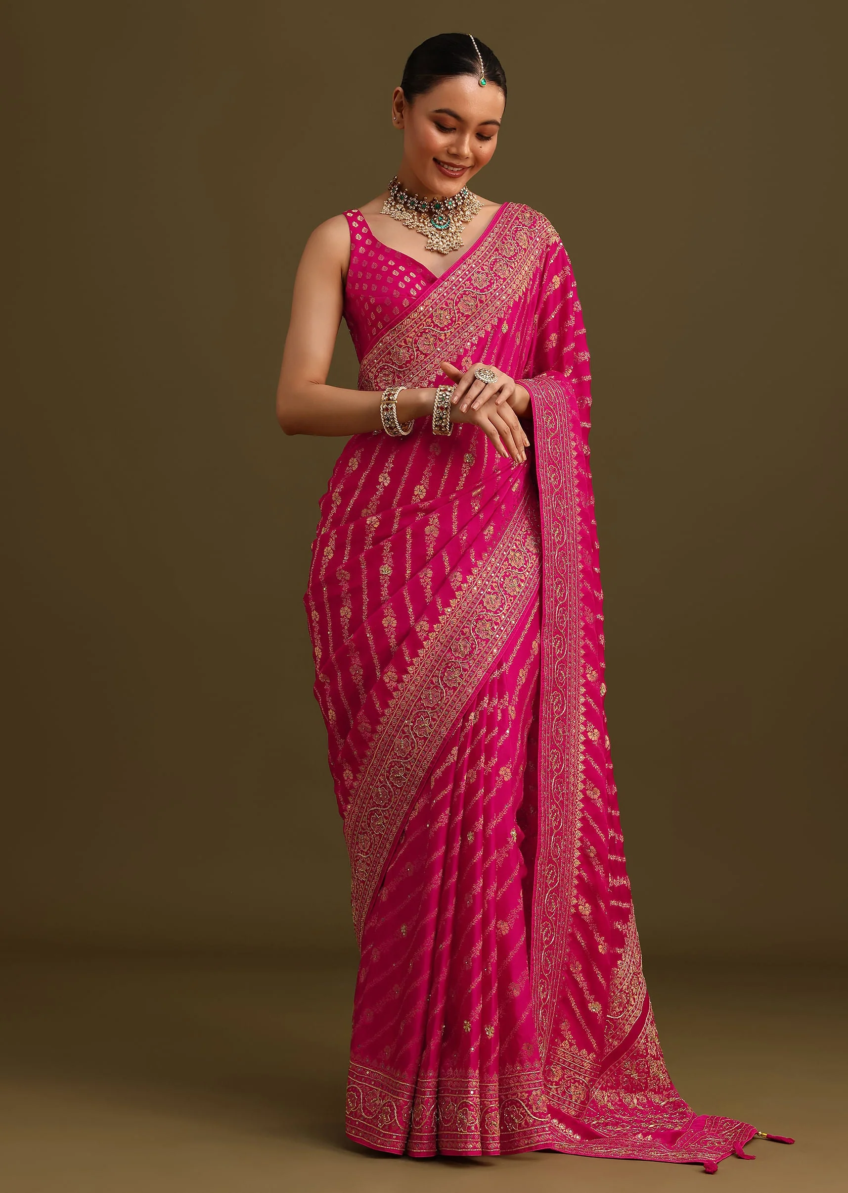 Pink Zardosi Embroidered Saree With Cutdana And Stone Work