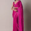 Rani Pink Satin Chinon Saree With Scallop Border And Unstitched Blouse Piece