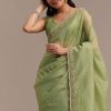 Parrot Green Crushed Tissue Saree With Sequins And Scallop Border