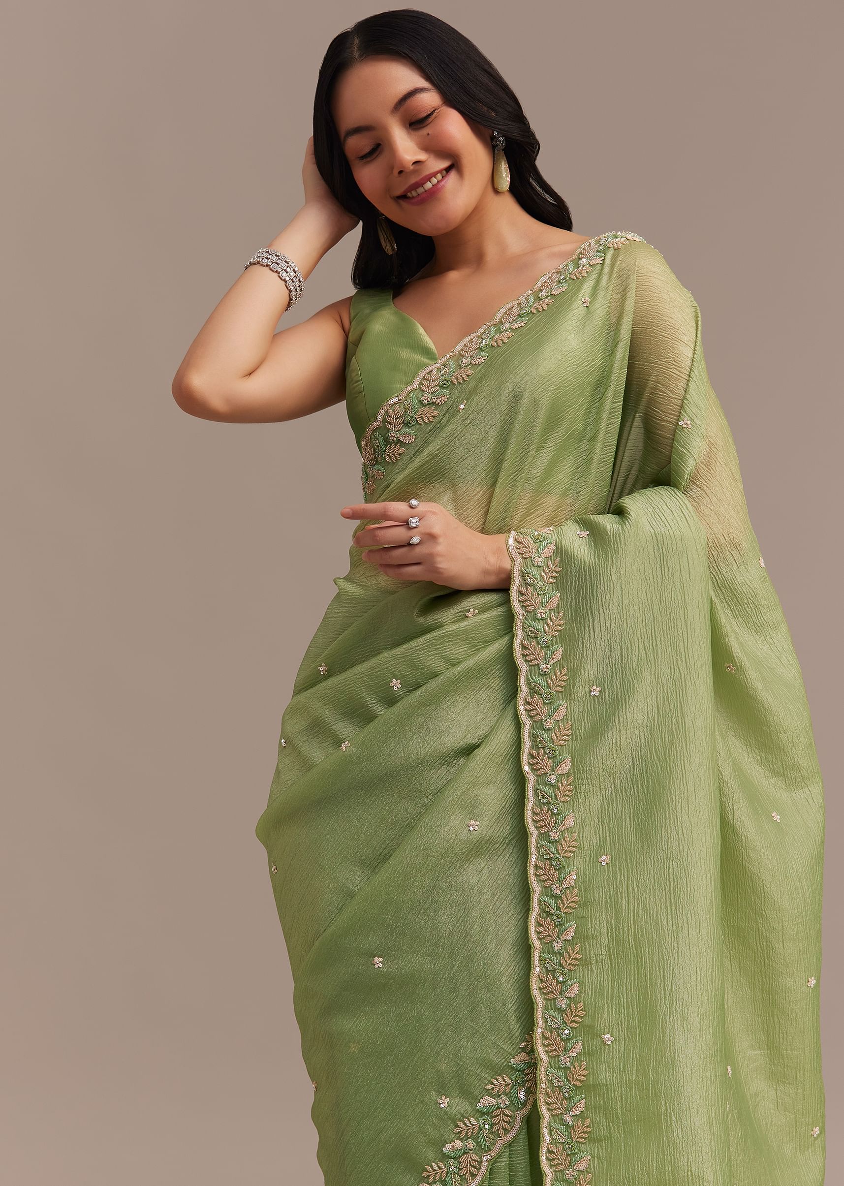 13016-parrot-green-crushed-tissue-saree-with-sequins-and-scallop-border-1.jpg Parrot Green Crushed Tissue Saree With Sequins And Scallop Border