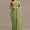 Parrot Green Crushed Tissue Saree With Sequins And Scallop Border